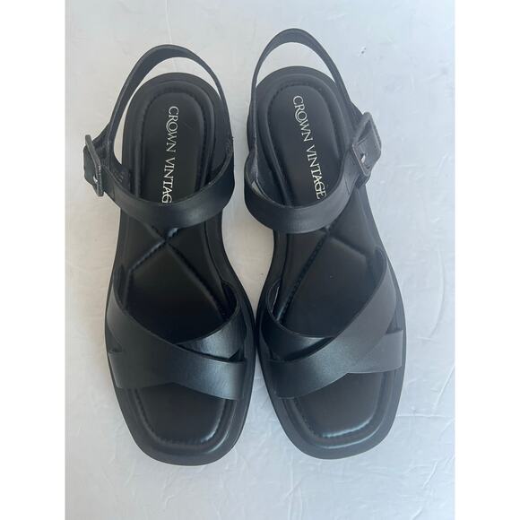 Crown Vintage Cleona Black Leather Strappy Platform Buckle Square Toe Sandal 8M - Picture 3 of 11